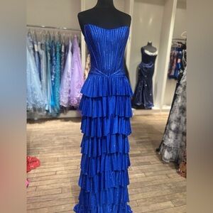 Royal Blue Strapless Tiered Ruffle Evening Dress